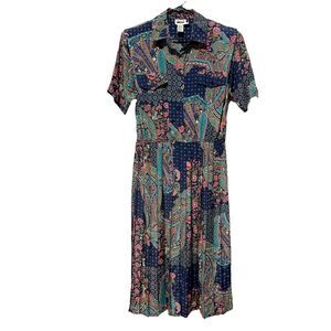 Vintage Leslie Fay Paisley Floral Patchwork Midi Dress Button Front Navy Size 16
